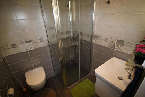 プラハにあるSmart City Prague Apartmentのバスルーム(シャワー、トイレ、シンク付)