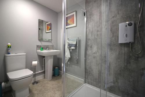 uma casa de banho com um chuveiro, um WC e um lavatório. em 1 Fox Studios em Much Wenlock
