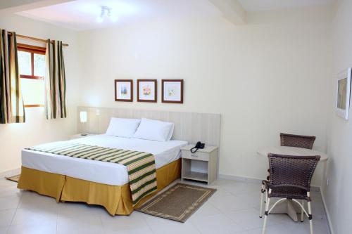 um quarto com uma cama, uma secretária e uma cadeira em Hotel Refúgio Vista Serrana em Mairiporã