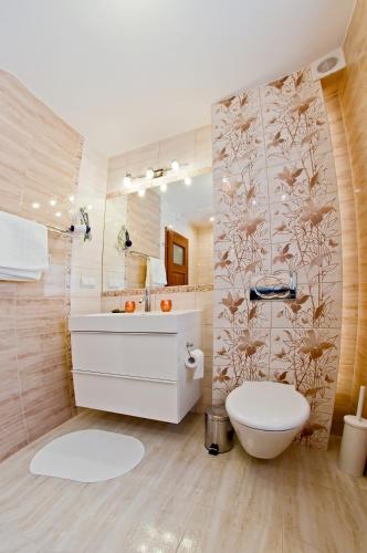 a bathroom with a toilet and a sink and a mirror at Miodowy Zakątek in Łabowa