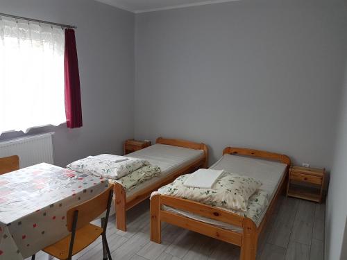 a room with two twin beds and a window at Newland Wójtowicz in Debrznica