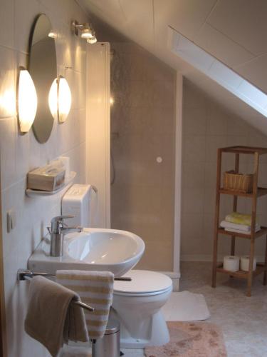 uma casa de banho com um lavatório e um WC em Hof Grafeneiche em Asel
