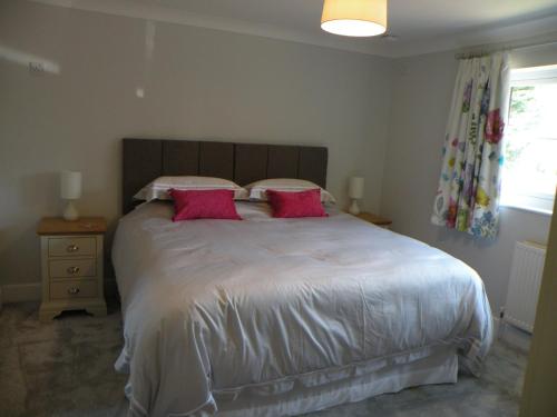 um quarto com uma cama grande e 2 almofadas vermelhas em Woodfield Self-Catering apartment em Cambridge