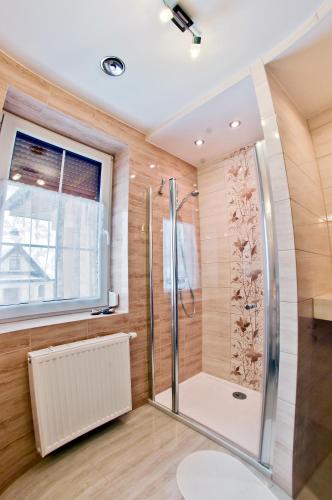 a bathroom with a shower and a window at Miodowy Zakątek in Łabowa