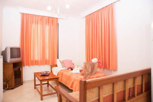 a hotel room with a bed and a tv at Ionion Apartments & Studios in Nydri