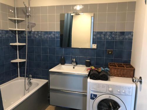 La salle de bains est pourvue d'un lavabo et d'un lave-linge. dans l'établissement Woézon Na Mi, à Lyon