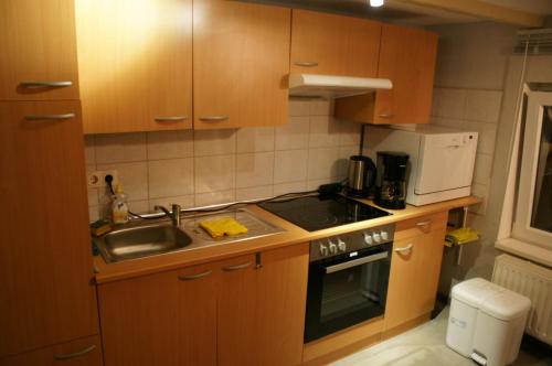 a kitchen with wooden cabinets and a sink and a microwave at Ferien-/Monteurwohnung Olbrich in Hilchenbach