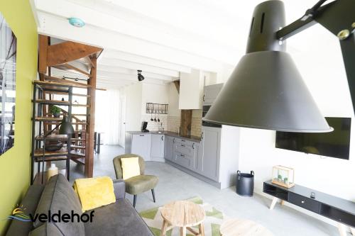a living room with a gray couch and a kitchen at 't Veldehof in Domburg