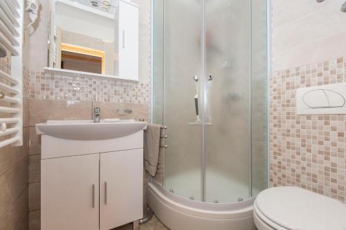 a bathroom with a shower and a sink and a toilet at Studio Apartment Leana in Labin