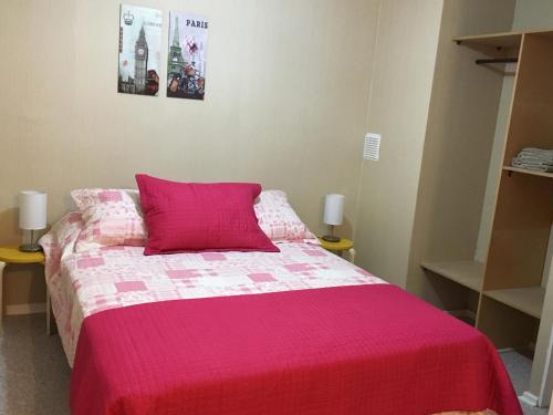 1 dormitorio con 1 cama con manta rosa en Departamento Puerto Montt, en Puerto Montt