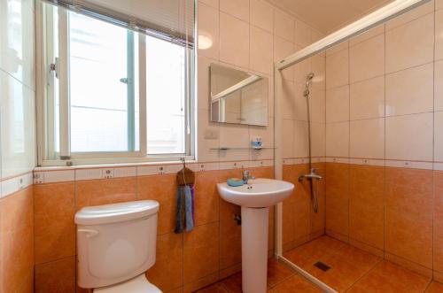 a bathroom with a toilet and a sink and a window at 响銅鑼民宿 in Tongluo