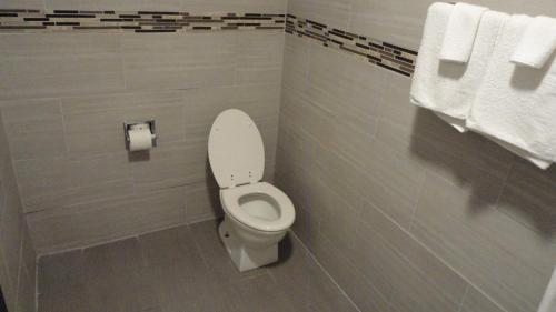
a white toilet sitting next to a white sink in a bathroom at Western Inn - Pensacola in Pensacola
