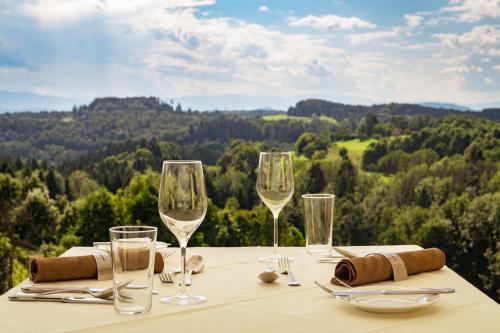 a table with wine glasses and a view of the mountains at Hotel Liebmann in Lassnitzhöhe