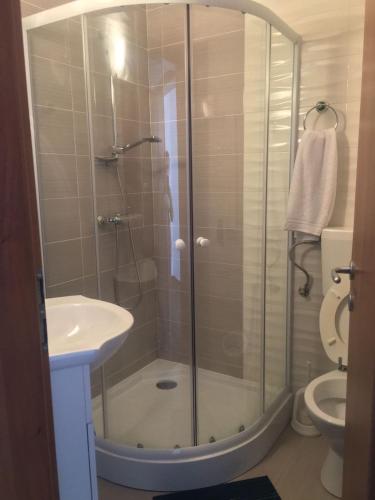 a bathroom with a shower and a sink and a toilet at Casa Mario in Baile Felix
