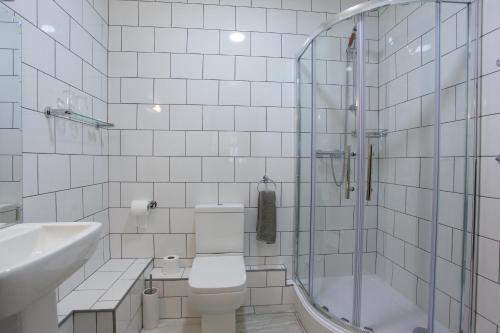 a bathroom with a toilet and a sink and a shower at Globe Inn in Tamworth