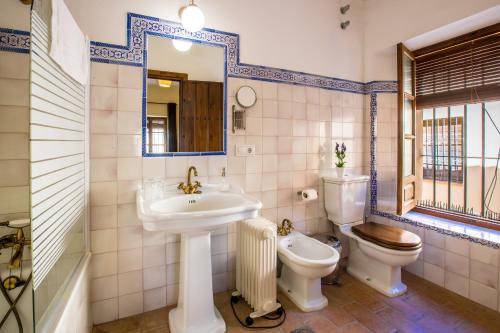 a bathroom with a sink and a toilet and a mirror at Hospedería Convento de Santa Clara in Palma del Río