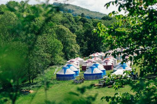 un gruppo di tende blu, rosse e bianche in un campo di Festival Yurts Hay-on-Wye a Hay-on-Wye