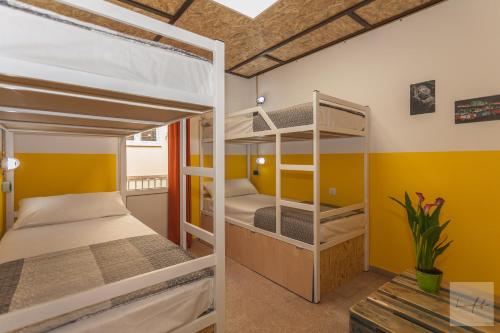 リョレート・デ・マルにあるLOFT Hostalの黄色い壁の客室で、二段ベッド2組が備わります。