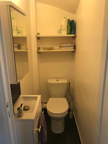 une petite salle de bain avec toilettes et lavabo dans l'établissement La Fantaisie, à Villers-sur-Mer