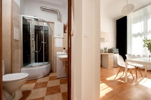 ein Bad mit einer Dusche, einem WC und einem Waschbecken in der Unterkunft Agnieszki 1 Apartment in Krakau