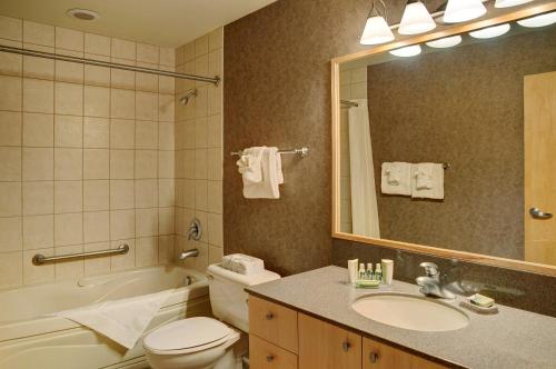 a bathroom with a sink and a toilet and a tub at Lakeview Gimli Resort in Gimli