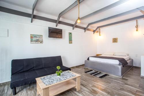 a bedroom with a bed and a couch and a table at Toula's Apartments in Faliraki