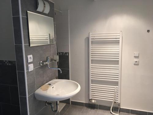 a bathroom with a sink and a mirror at Ubytování u Hořejších na statku in Křemže