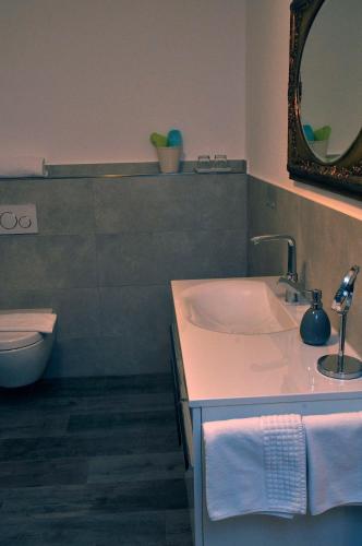 a bathroom with a sink and a toilet and a mirror at Malerhaus am Kolbergarten in Bad Tölz