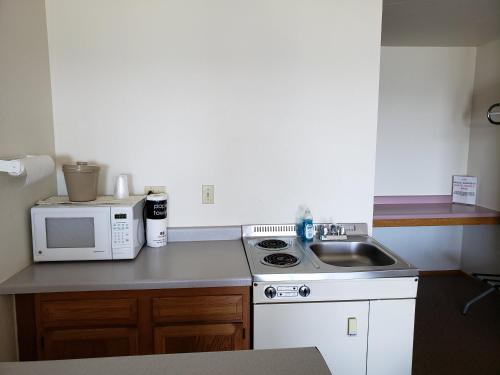 a small kitchen with a sink and a microwave at Algoma Beach Motel in Algoma
