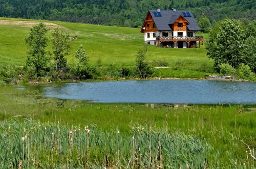 a house on a hill next to a lake at Siwejka - Ropki - Beskid Niski in Ropki