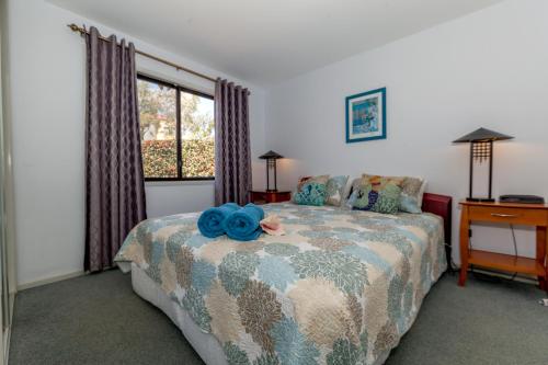 Un dormitorio con una cama y un escritorio y una ventana. en Condo 105 @ Horizons Golf Resort - Salamander Bay NSW, en Salamander Bay
