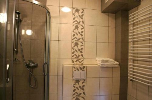 La salle de bains est pourvue d'une douche avec une porte en verre. dans l'établissement Apartament Jedynka Villa Incognito, à Szklarska Poręba