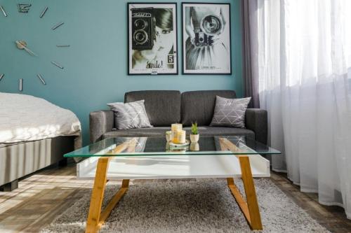 a living room with a couch and a glass table at Gepflegte und moderne Ferienwohnung in der Neuseenlandschaft in Neukieritzsch