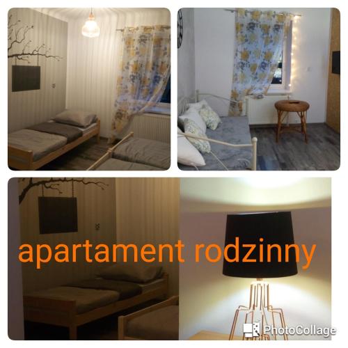 a collage of three pictures of a room at Folwark Anna in Kamienica Polska