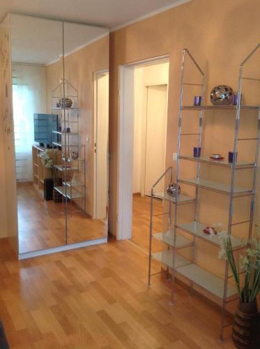 een woonkamer met glazen planken en een spiegel bij Offenburg Apartment in Offenburg