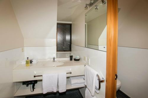 een witte badkamer met een wastafel en een spiegel bij Allan Court Motel in Dunedin