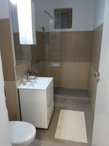 Un baño con un lavabo blanco y un inodoro. en Frontal view by Twin Residence, en Mamaia