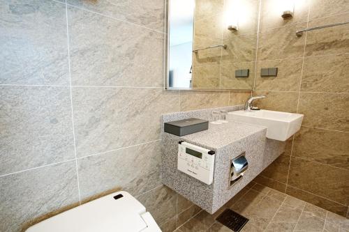 a bathroom with a toilet and a sink and a mirror at Stanford Hotel Busan in Busan