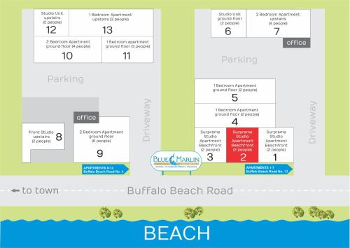a map of the beach rebuildible beach road at Blue Marlin Apartments in Whitianga