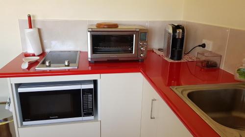 a kitchen counter with a microwave and a sink at The Wattle Lodge in Glendon Brook