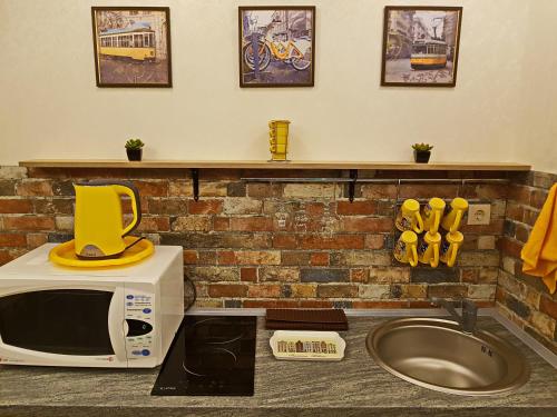 a microwave sitting on a counter next to a sink at ApartLux 2 in Chernihiv