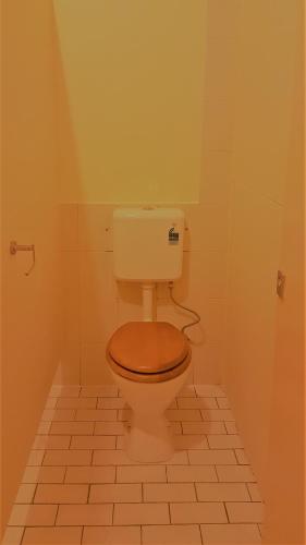 a toilet with a wooden seat in a bathroom at myOZexp Palmerston Lodge in Perth