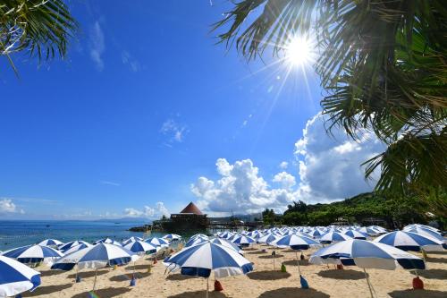 un gruppo di ombrelloni blu e bianchi su una spiaggia di Renaissance Okinawa Resort a Onna