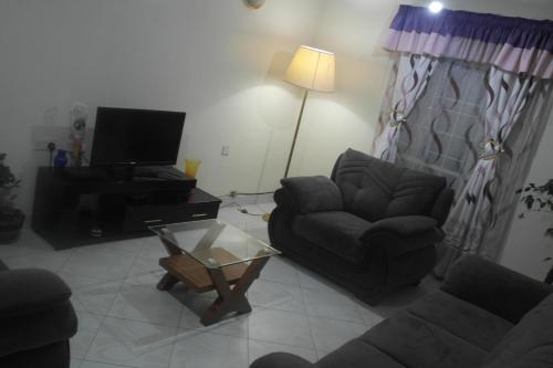 een woonkamer met een bank, een stoel en een televisie bij Palm Airport Suites in Nairobi