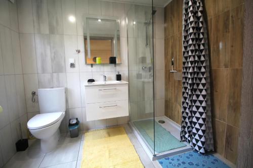 a bathroom with a toilet and a glass shower at Domki letniskowe in Pobierowo