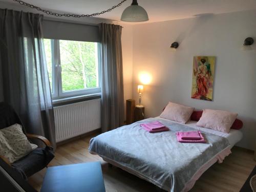 Lewin KłodzkiにあるNad Potokiemのベッドルーム1室(ピンクのタオルが付いたベッド1台付)