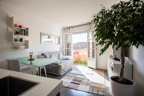 un salon avec une table et une plante en pot dans l'établissement Le Piano par Dodo-a-Cassis, à Cassis