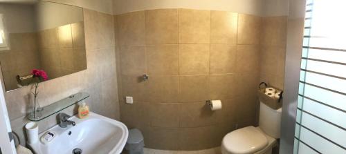 La salle de bains est pourvue d'un lavabo et de toilettes. dans l'établissement Sunshine's house near the beach, 10 min from the airport, à Artemi