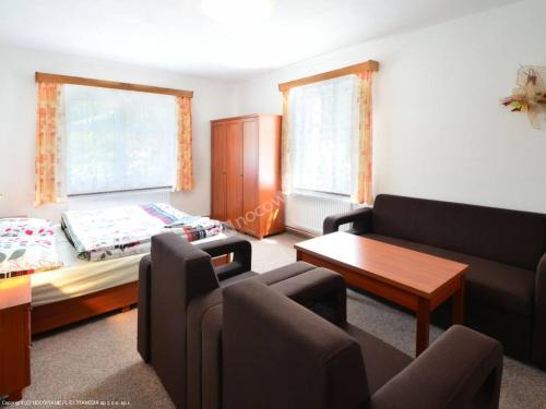 a living room with a couch and a bed at Penzion Pod Ozvěnou in Teplice nad Metují