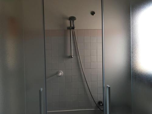 y baño con ducha y puerta de cristal. en Le Pavoncelle di Stintino en Stintino